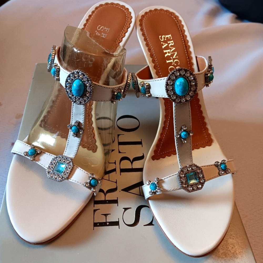 Franco Sarto White Sandals with Turquoise & Silver Accents